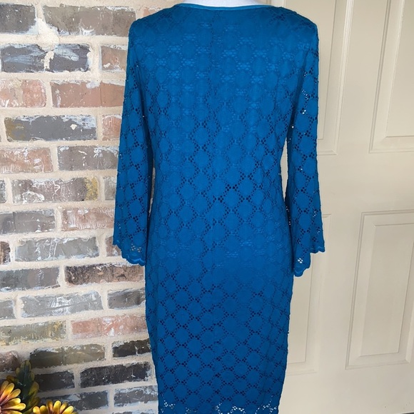 Ronni Nicole Teal Blue Lace Dress Coquette Eyelet Crochet Scoop Neck Midi Sheath - Picture 5 of 13